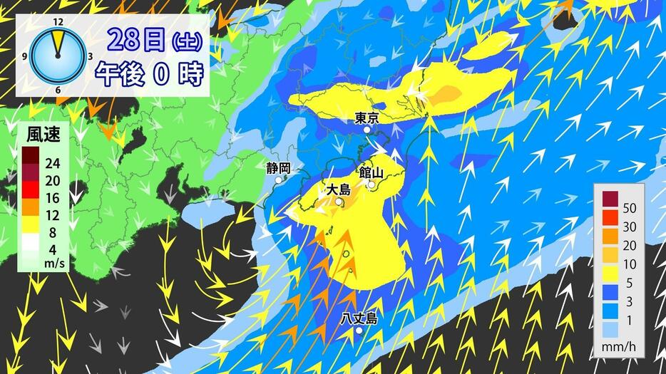 28日（土）正午の雨と風の予想