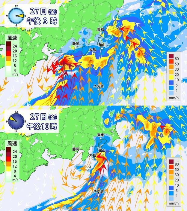 27日（金）午後3時と午後10時の雨と風の予想