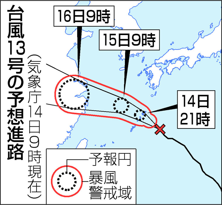 台風１３号の予想進路（１４日９時現在）