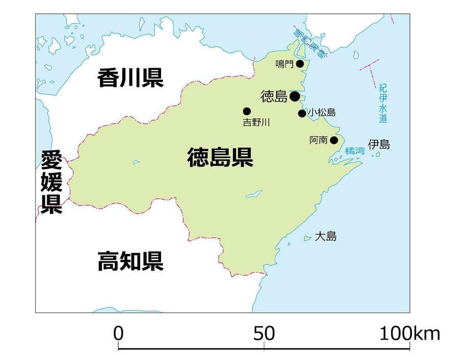 県の総人口（約68万人）の約37％にあたる約25万人が徳島市に集中。次いで人口が多いのが南部エリアの阿南市（約6.9万人）、その後を、東部エリアの鳴門市（約5.4万人）が追う