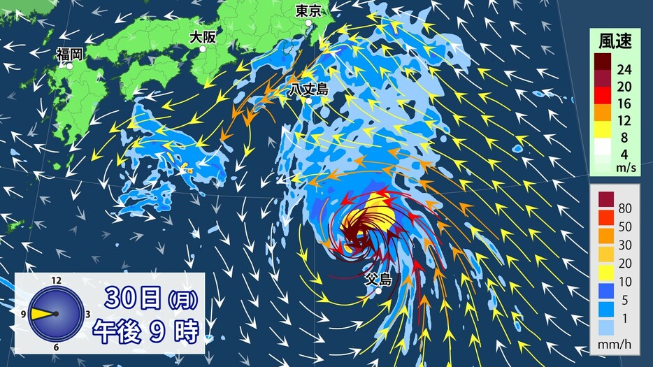 30日(月)午後9時の雨・風の予想