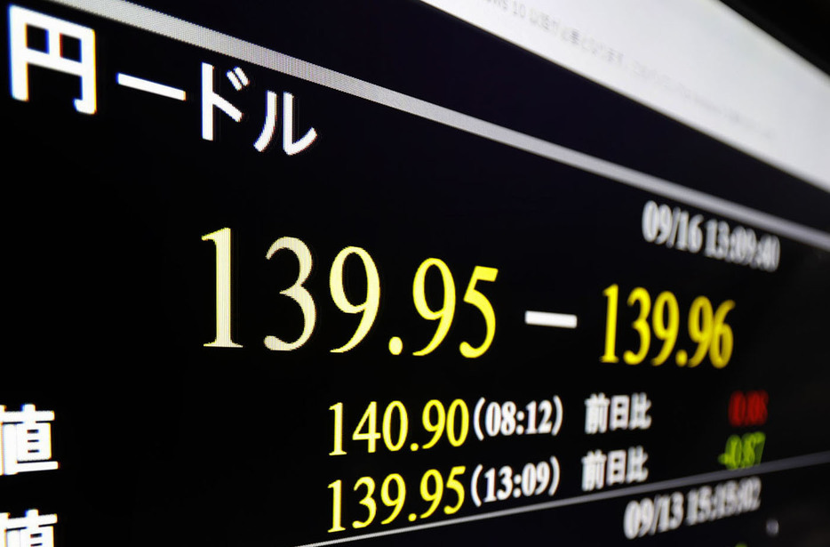 一時1ドル＝139円台を付けた円相場を示すモニター＝16日午後、東京・東新橋