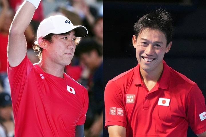 初戦を見事勝ち切った西岡（左）と錦織（右）ら日本代表の戦いぶりを目にした松岡氏がSNSを通じて大絶賛した。（C）Getty Images