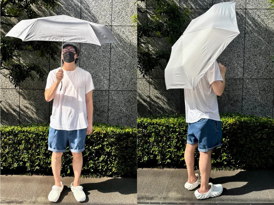 晴雨兼用　折りたたみ傘  ￥1,990  重量：約234g  サイズ：親骨60cm　折りたたんだサイズ：約26cm  カラー：ライトグレー(写真)、黒、ベージュ、黒チェック、ダークグリーンチェック