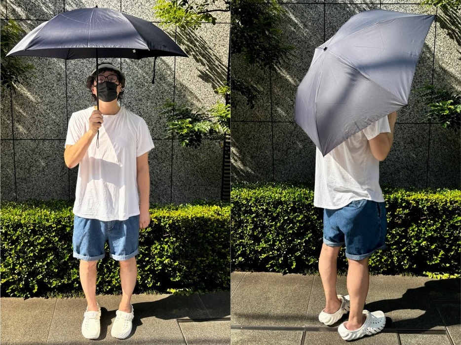 晴雨兼用　2通りにたためる折りたたみ傘  ￥2,990  重量：約195g  サイズ：親骨55cm　折りたたんだサイズ：約56/34cm  カラー：ネイビー(写真)、黒、ベージュ、ダークグリーンチェック