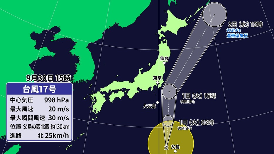 30日(月)午後3時の台風17号の位置と予想進路