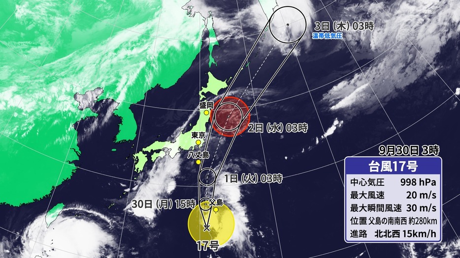 30日(月)午前3時の台風17号の位置・予想進路