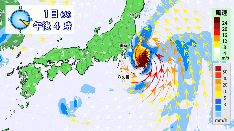 10月1日(火)午後4時の雨と風の予想