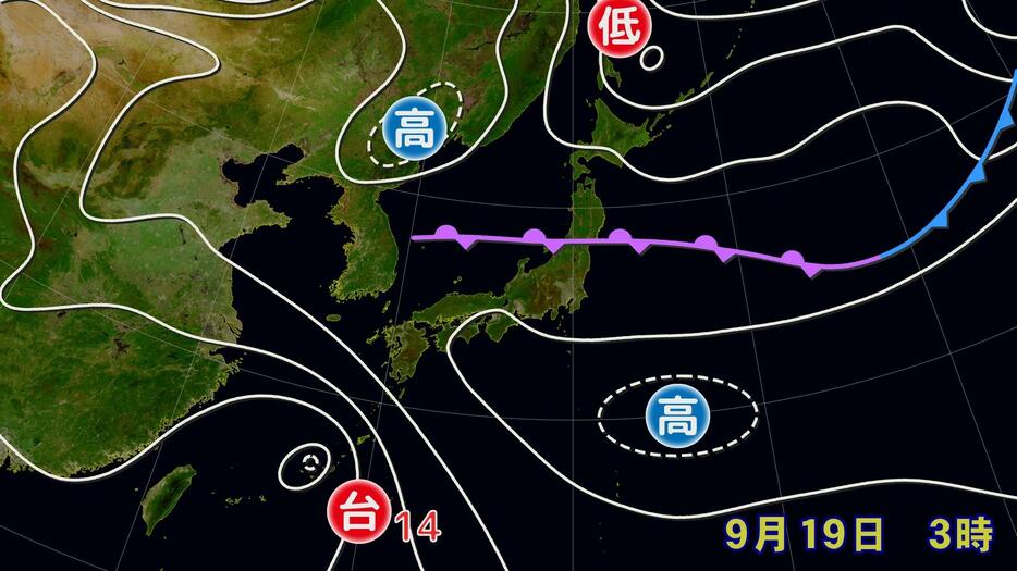 19日(木)午前3時の実況天気図