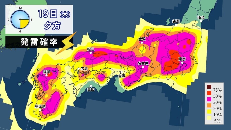 19日(木)夕方の発雷確率