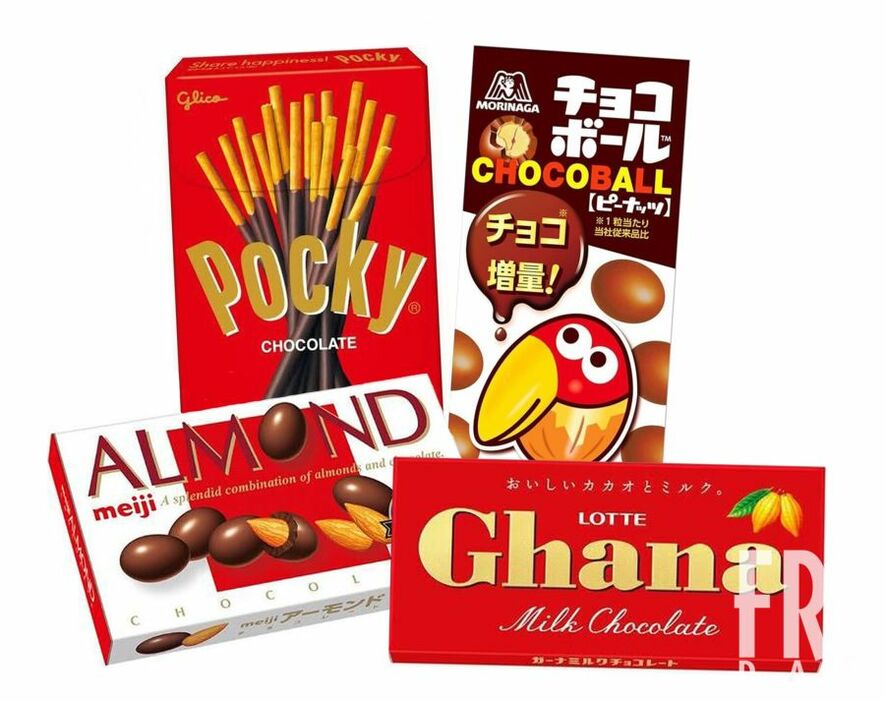 愛されつ続けている人気商品　江崎グリコ『ポッキー』、森永『チョコボール』、明治『アーモンドチョコレート』、ロッテ『ガーナ』