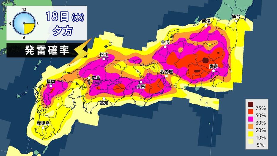 18日(水)夕方の発雷確率