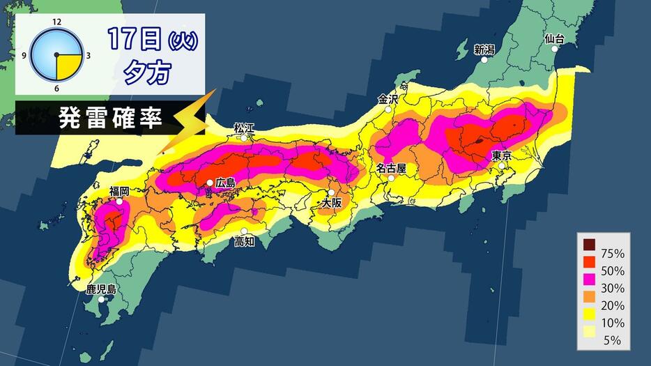 17日(火)夕方の発雷確率