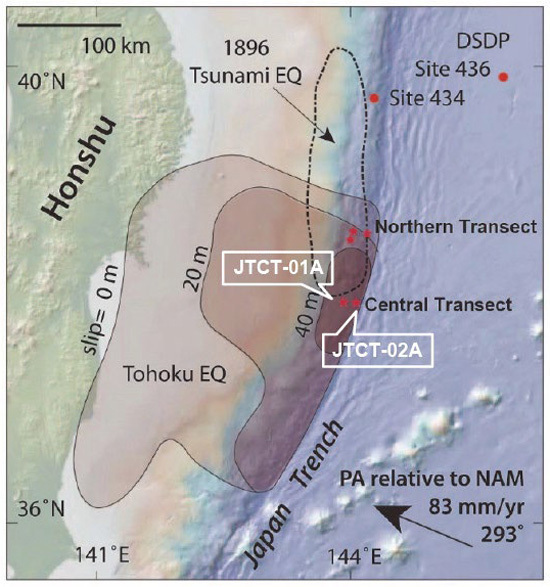 第405次航海では日本海溝（Japan Trench）の陸側（JTCT-01A）、海側（JTCT-02A）の2カ所で掘削調査を進める（JAMSTEC提供）