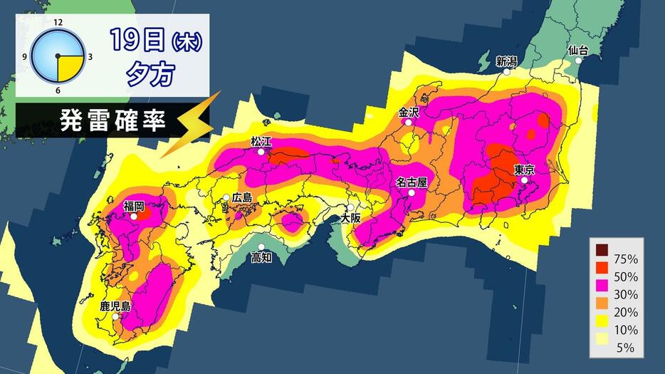 19日(木)夕方の発雷確率