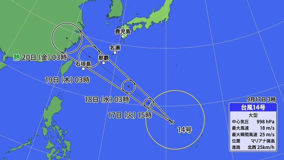 17日(火)午前3時の台風14号の進路予想図