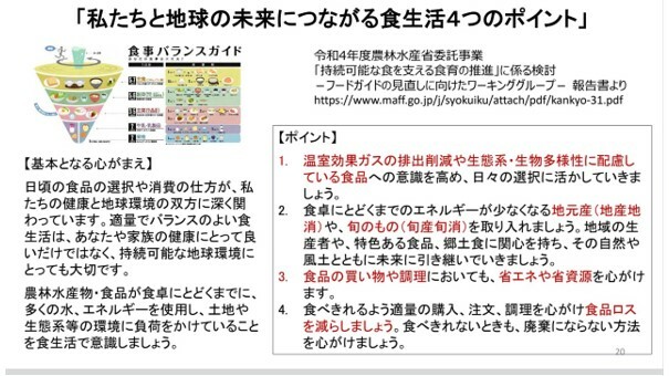 「私たちと地球の未来につながる食生活4つのポイント」武見氏のスライド