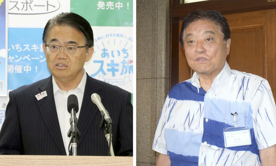 批判する愛知県の大村秀章知事（左）と反論する名古屋市の河村たかし市長＝いずれも18日、名古屋市