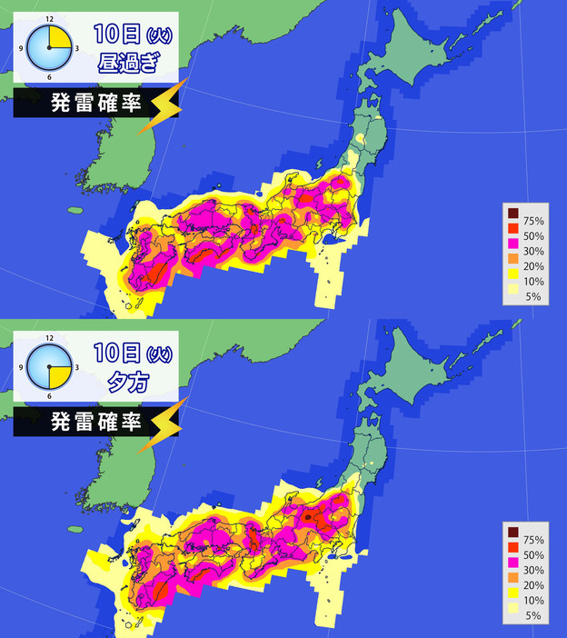 10日(火)昼過ぎと夕方の発雷確率