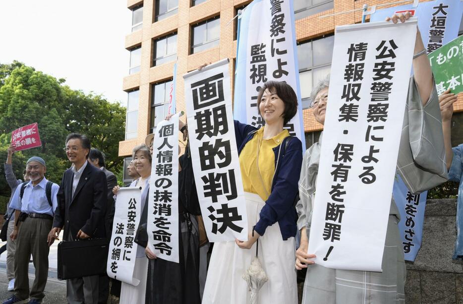 名古屋高裁の判決を受け、「画期的判決」などと書かれた紙を掲げる原告ら＝13日午後、高裁前