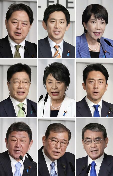 自民党総裁選の所見発表演説会で演説する（右から左へ、上段から下段へ）高市早苗、小林鷹之、林芳正、小泉進次郎、上川陽子、加藤勝信、河野太郎、石破茂、茂木敏充の9氏＝12日