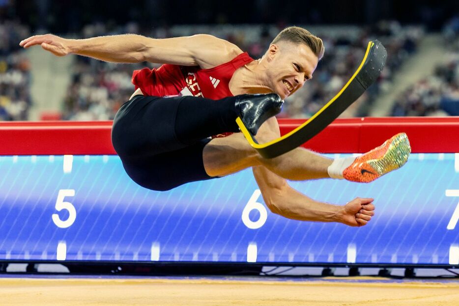 パリ・パラリンピックの陸上男子走り幅跳びで優勝し、ロンドンから4連覇を果たしたドイツのマルクス・レーム（越智貴雄撮影）