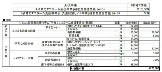 子育てエコホーム支援事業の補助金の試算例