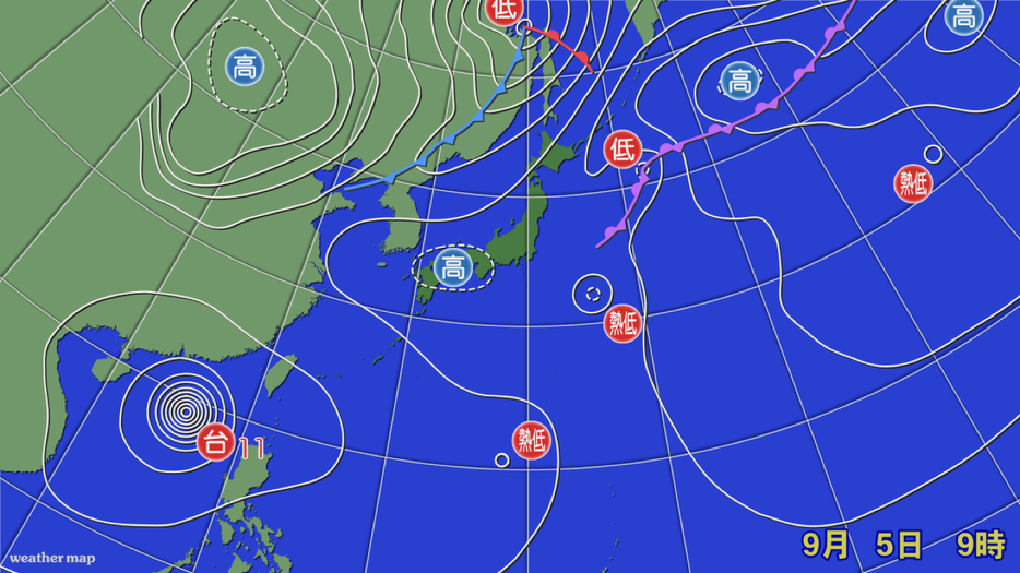 5日(木)午前9時の天気図