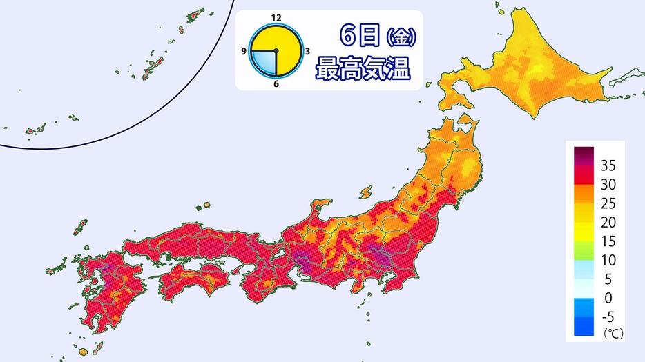 あす6日の予想最高気温分布。