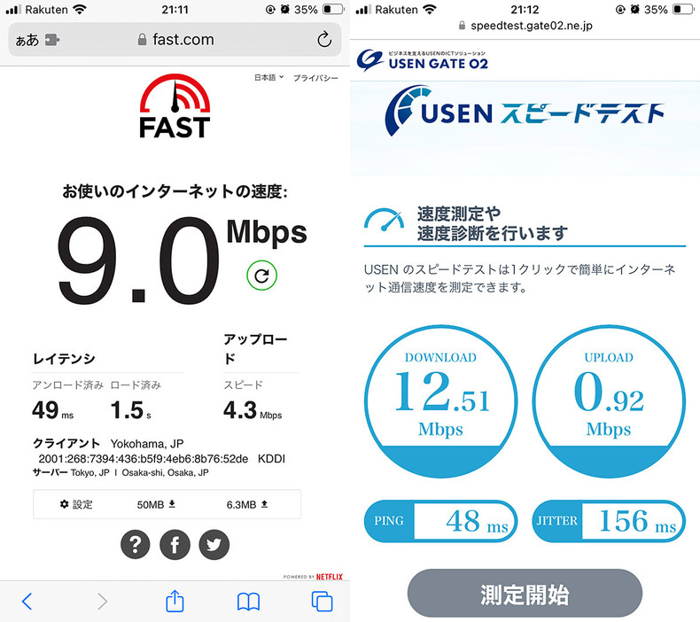 【左】夜間に計測したインターネット回線の速度テストの結果（※「FAST.com」利用）【右】夜間に計測したインターネット回線の速度テストの結果（※「USENスピードテスト」利用）