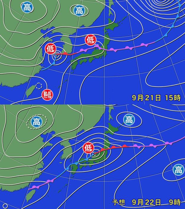 上：実況天気図(21日(土)午後3時)／下：予想天気図(22日(日)午前9時)