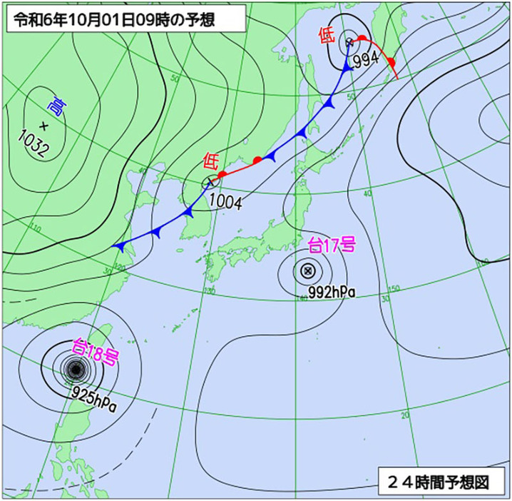 10月1日午前9時の予想天気図（30日午後3時、気象庁発表）