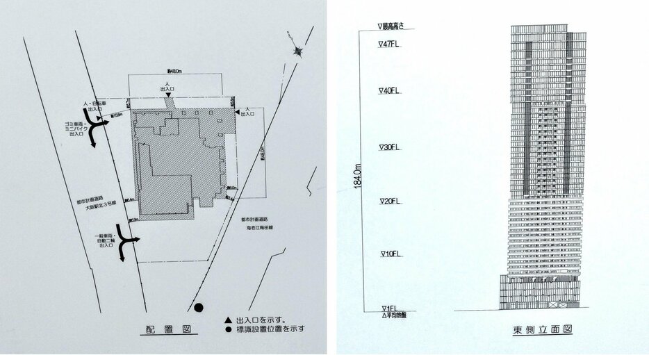 「グラングリーン大阪THESOUTHRESIDENCE」現地看板（左）と現地提示の立面図（筆者撮影）