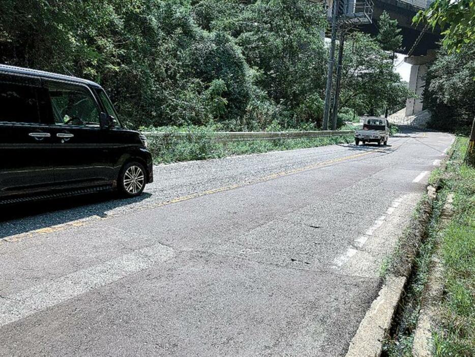 車を損傷する事故が相次いだ市道宮内更地線の現場周辺。路面の穴を補修した跡がある（画像の一部を修整しています）