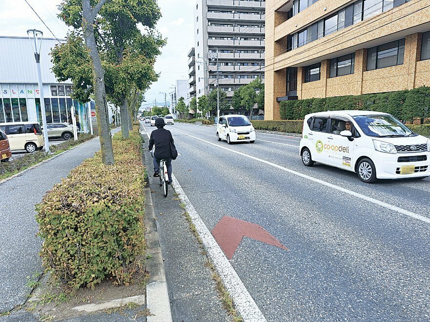 南松本駅周辺の市道に舗装された矢羽根マーク