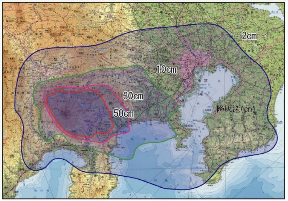 富士山ハザードマップ検討委員会報告書による降灰可能性マップ（出典：内閣府）