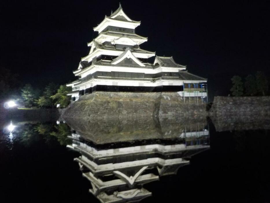 [写真]堀に映る松本城（24日）