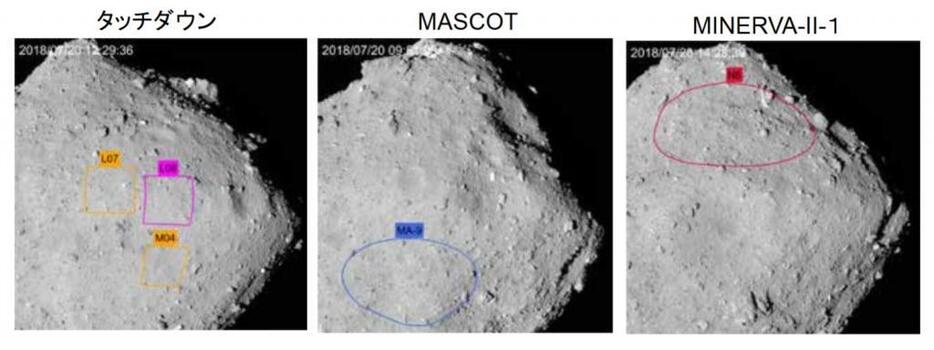 [画像]はやぶさ2のタッチダウン、ミネルバ2とマスコットの着地候補地点（提供：JAXA、東大など）