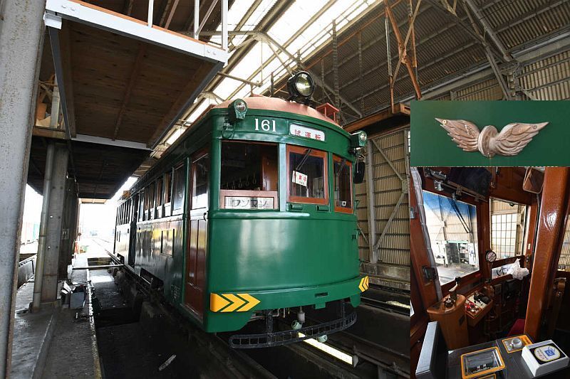 [写真]昭和3年製で今年88歳のモ161号車。右の写真は同電気軌道車体で唯一着けられている羽車マーク（上）と運転席