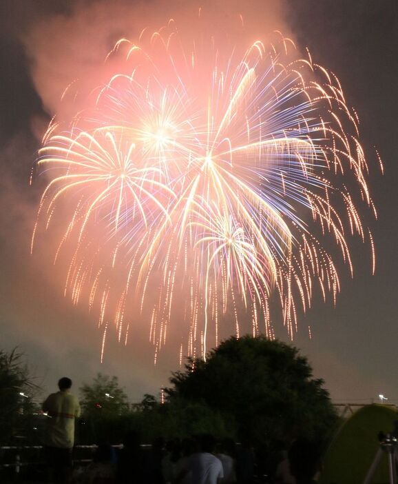 [写真]なにわの夜空を焦がす、淀川花火大会=6日夜、大阪市福島区から撮影