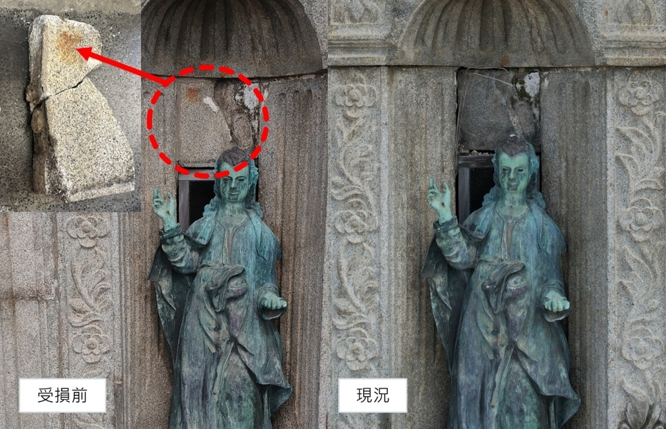 落雷の影響による破損が確認された世界遺産・聖ポール天主堂のファサードの一部。左が破損前、右が現況（写真：ICM）