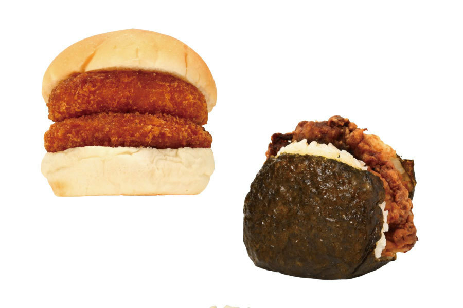 左から、「コロッケ2枚サンドしちゃったコロッケバーガー」（130円）、「ばくだんおにぎり チキン竜田」（227円）