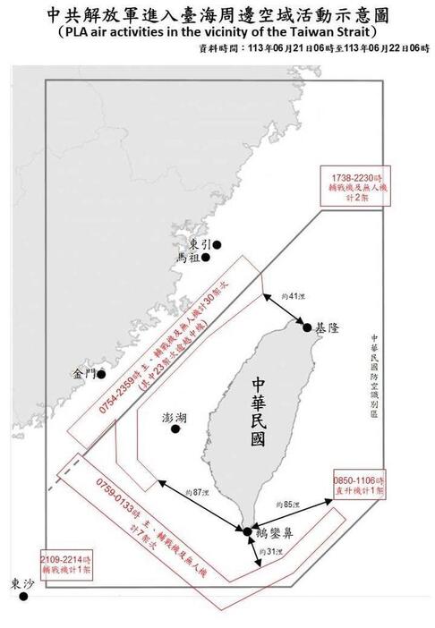 中国軍用機の動きを示す略図＝国防部ウェブサイトから