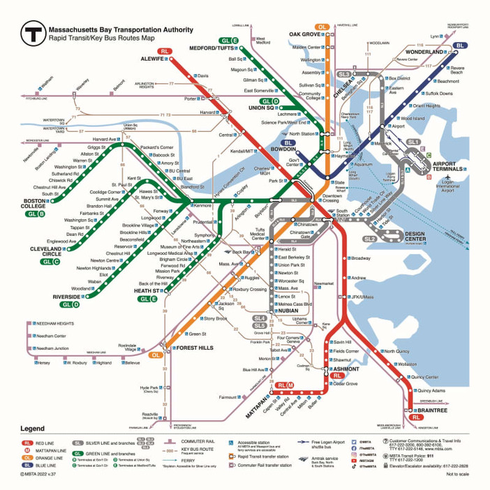 マサチューセッツ湾交通局（ＭＢＴＡ）の路線図＝ＭＢＴＡのサイトより