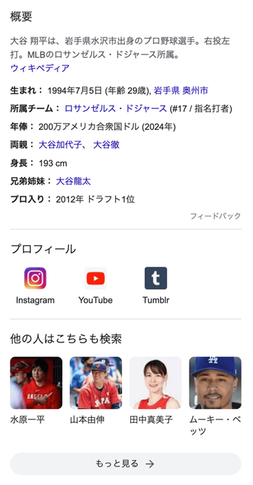 図2：Google検索で「大谷翔平」と入力したときのナレッジパネルのスクリーンショット