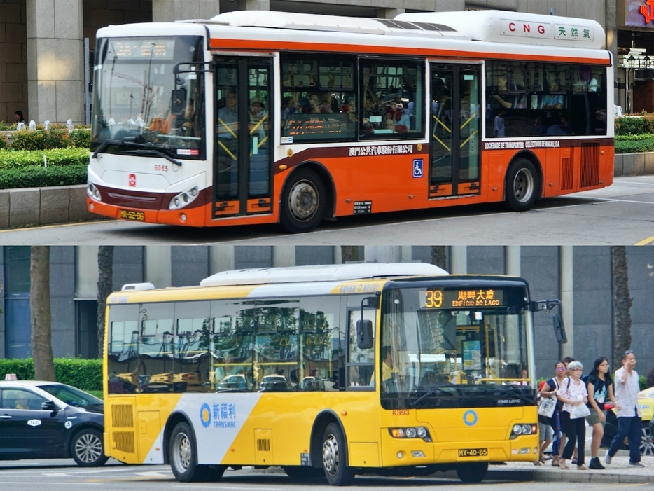 マカオの公共路線バスを運営する澳巴（上）と新福利（下）の車輌のイメージ（資料）＝本紙撮影