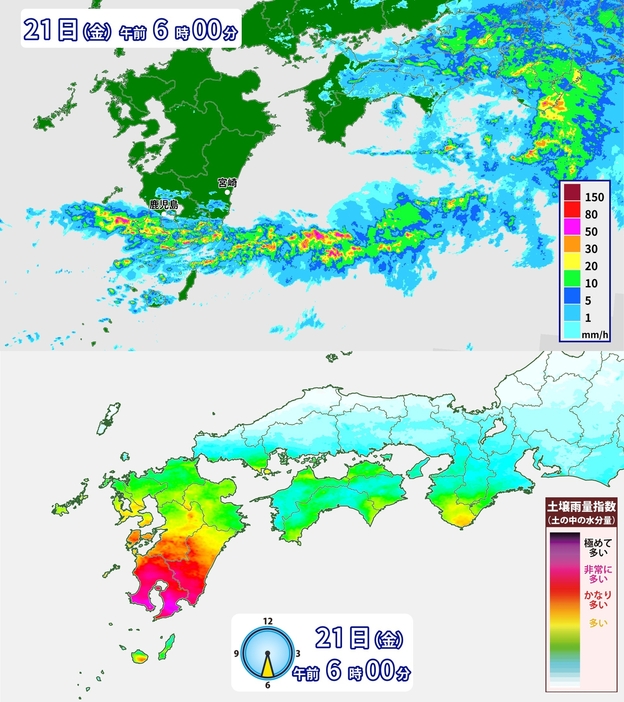 21日(金)午前6時の雨の様子と土壌雨量指数