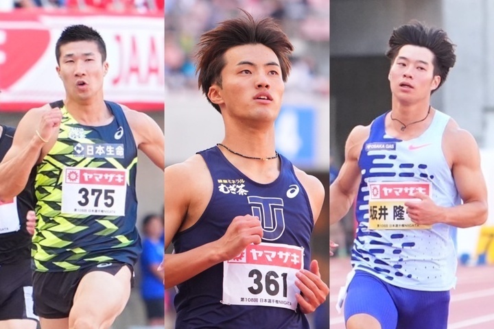 左から100m予選を突破して準決勝に駒を進めた桐生、柳田、坂井。写真：田中研治（THE DIGEST写真部）