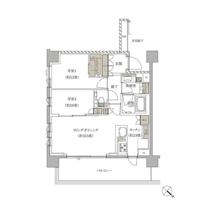 Eタイプの間取り図　COURTESY OF MITSUBISHI ESTATE RESIDENCE