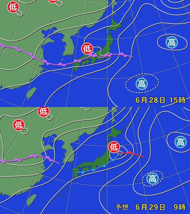 (上)実況天気図(28日(金)午後3時)／(下)予想天気図(29日(土)午前9時)